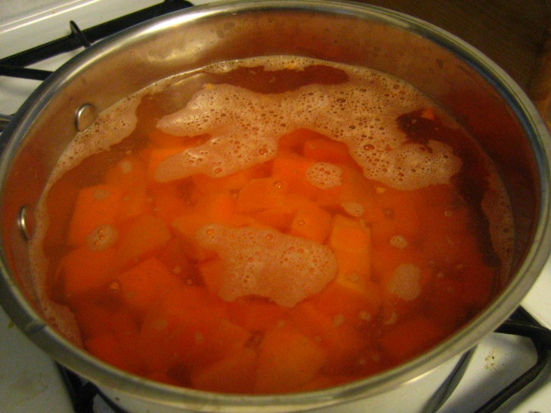 Sweet potatoes in boiling water